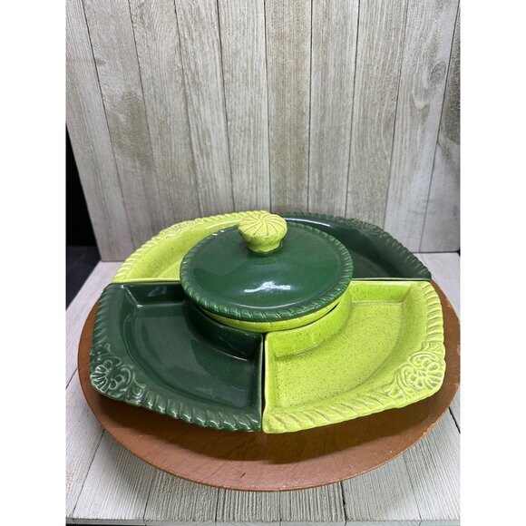 Vtg California Pottery Chips N Dip Lazy Susan Light & Dark Green Serving Set USA - Picture 1 of 9
